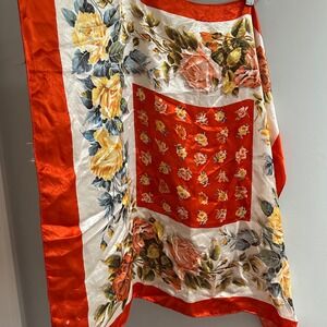 Vibrant Floral Silk Scarf Orange Cream Roses Vintage Accessory